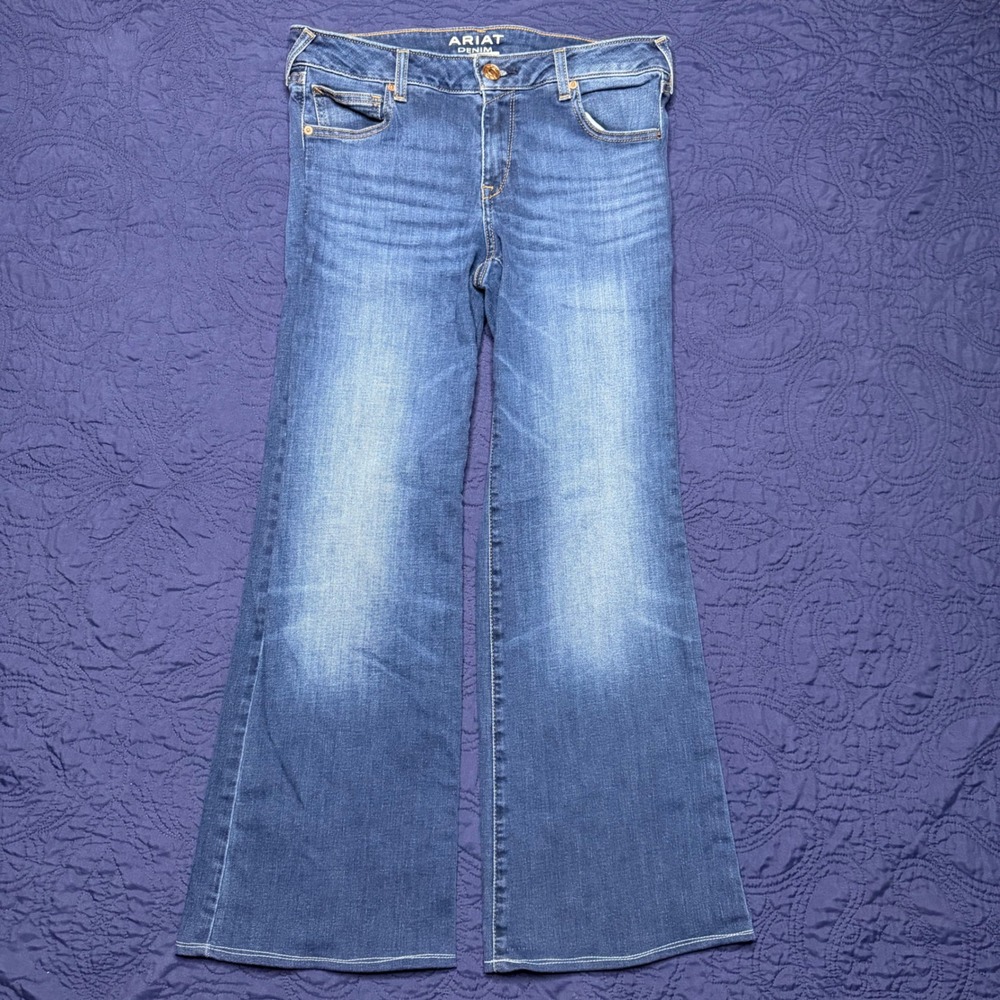 Ariat Denim Trouser Jeans 30R Medium Wash Wide Leg Stretch Womens Read